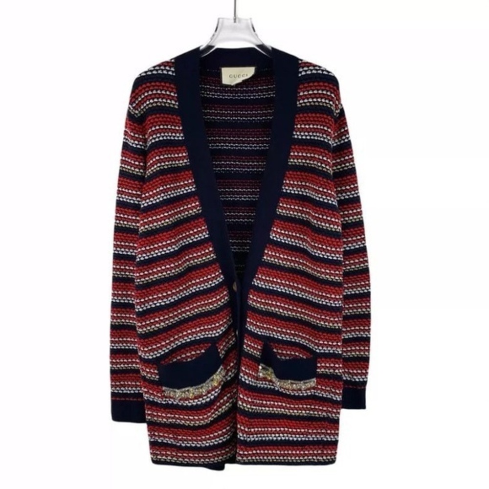 Gucci Color-blocked diamond striped wool V-neck long-sleeve - Large